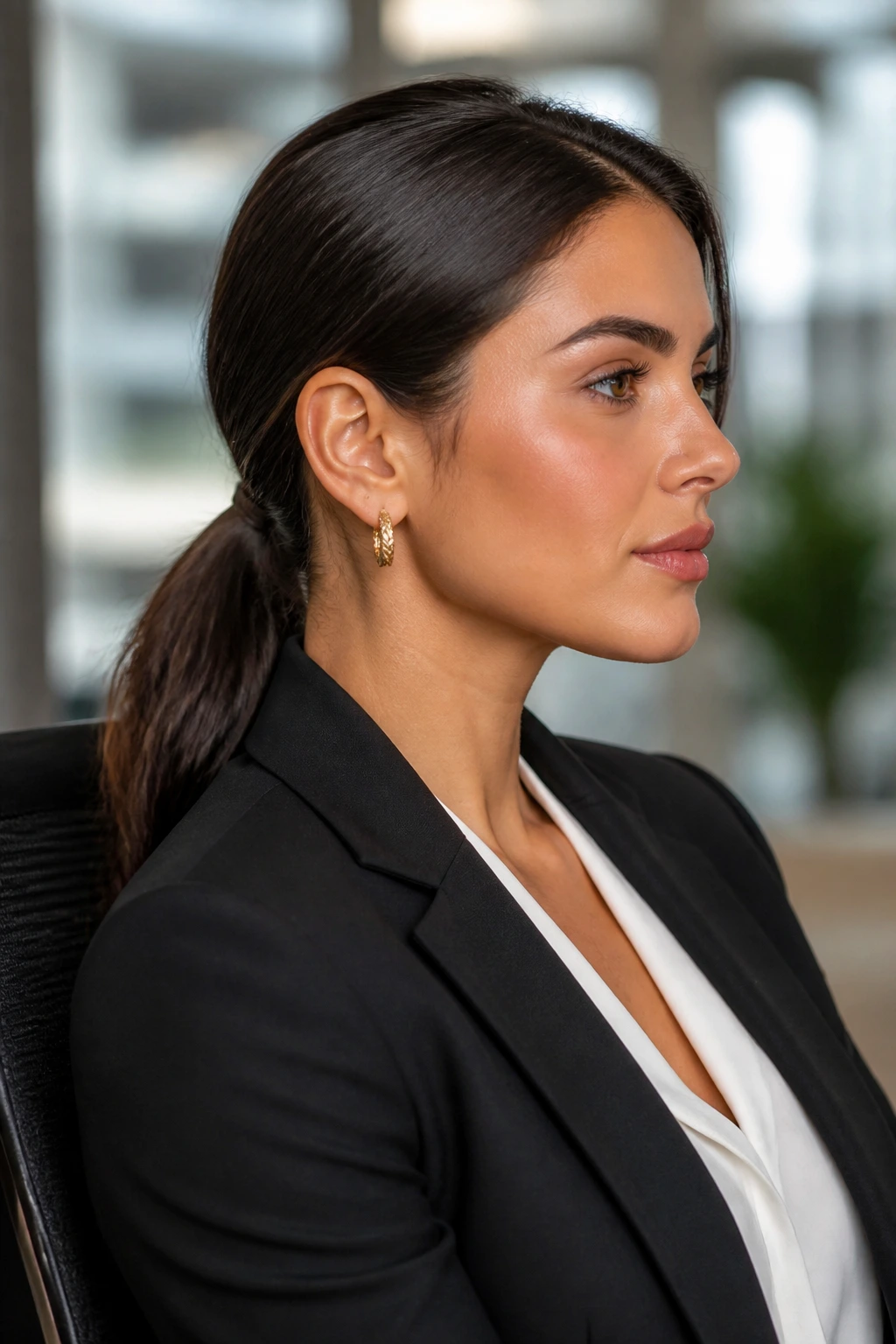 Close-up of a real woman with a low ponytail and blazer