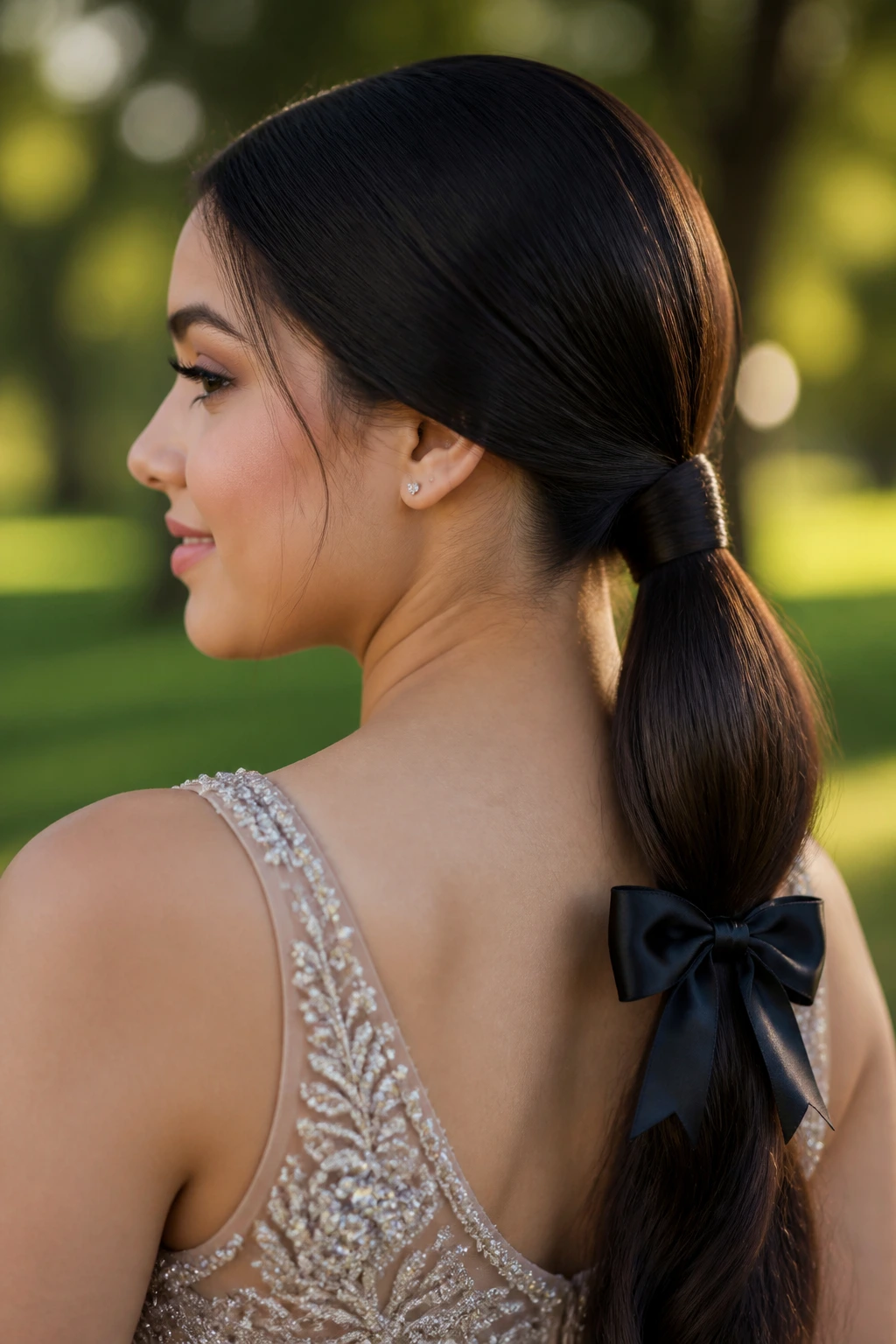 Close-up portrait of a real woman with Low Ponytail Wrapped With Hair and Bow.