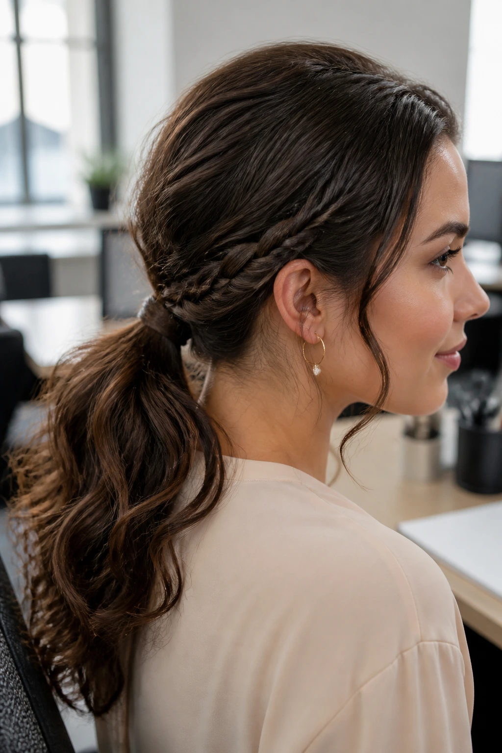 Low ponytail with braid detail on a real woman in an office