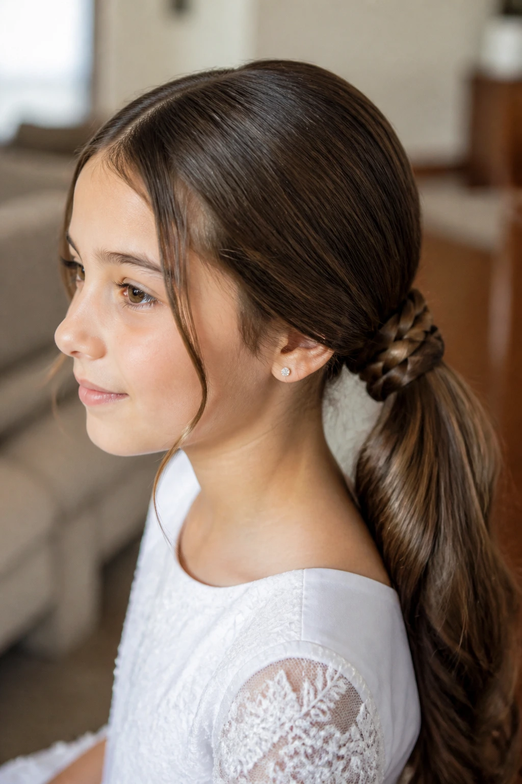 Close-up of low ponytail with braided base on a real girl