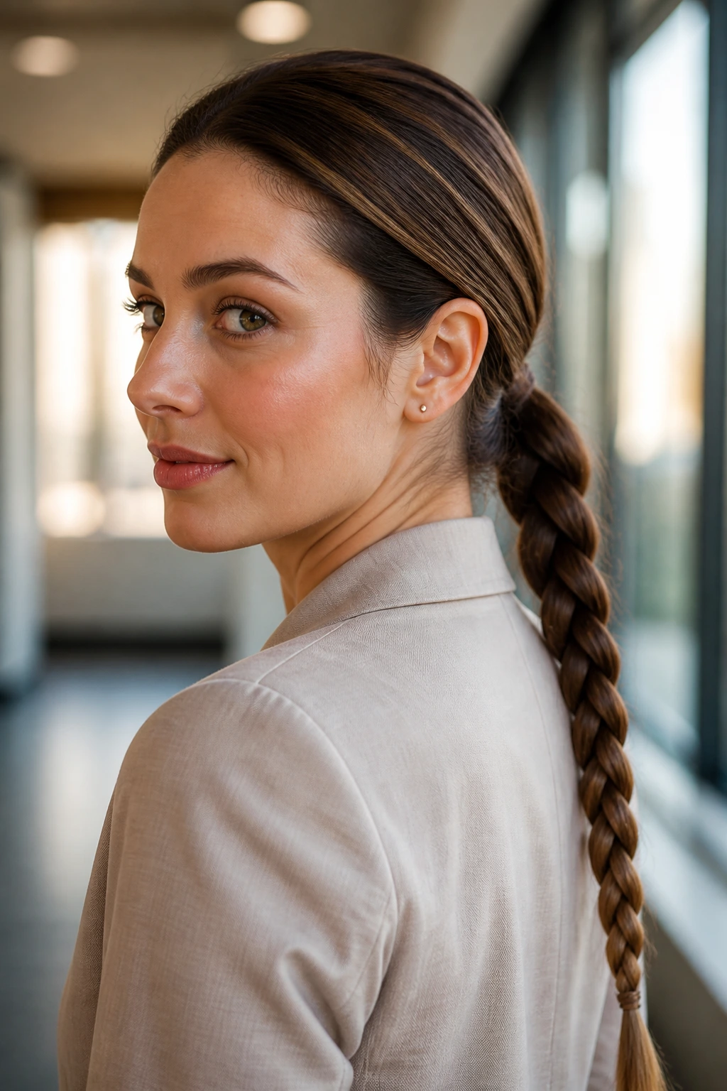 Close-up of a real woman with a low ponytail featuring a braided tail in an office setting