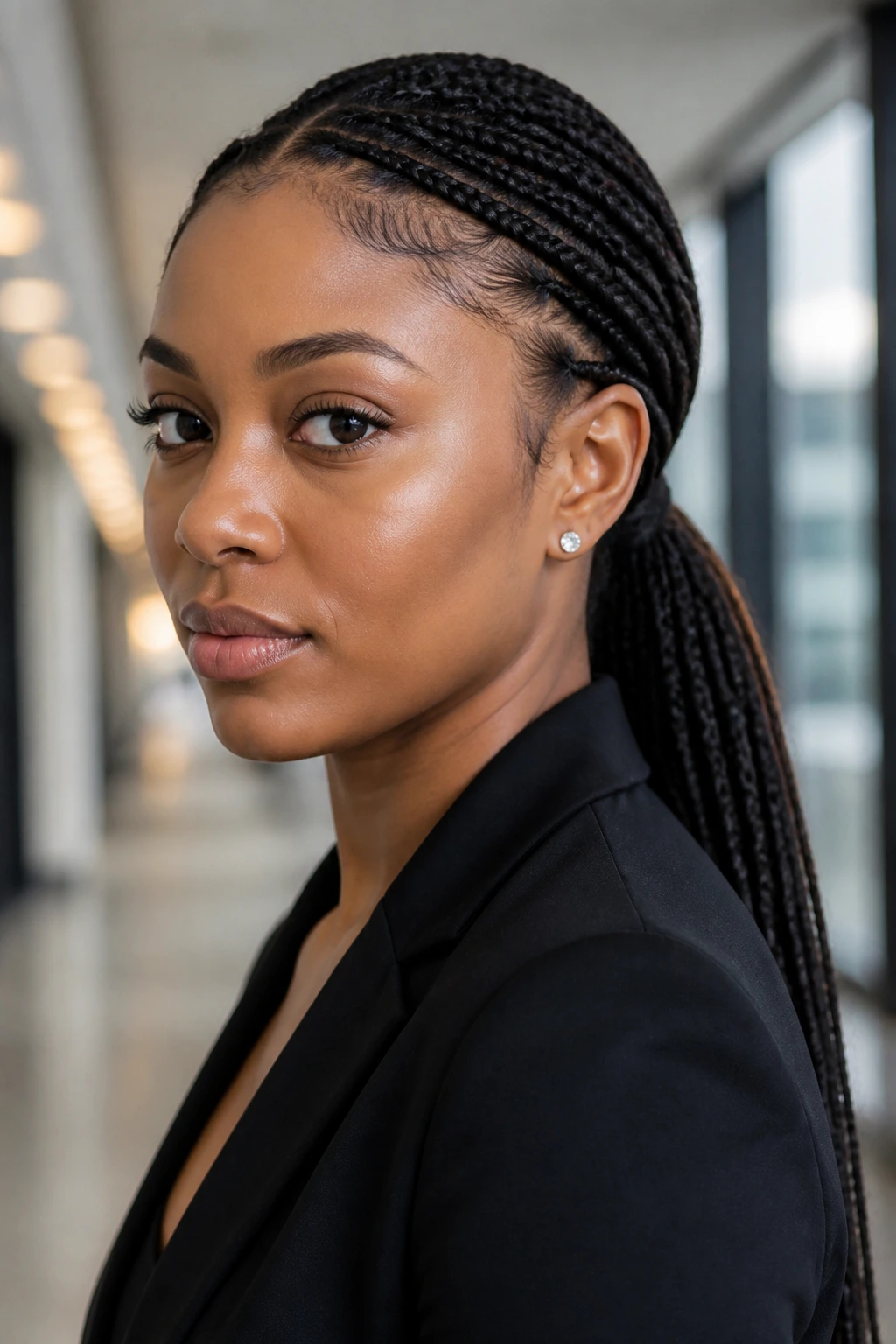 Close-up of a person with a low ponytail box braids in a modern office