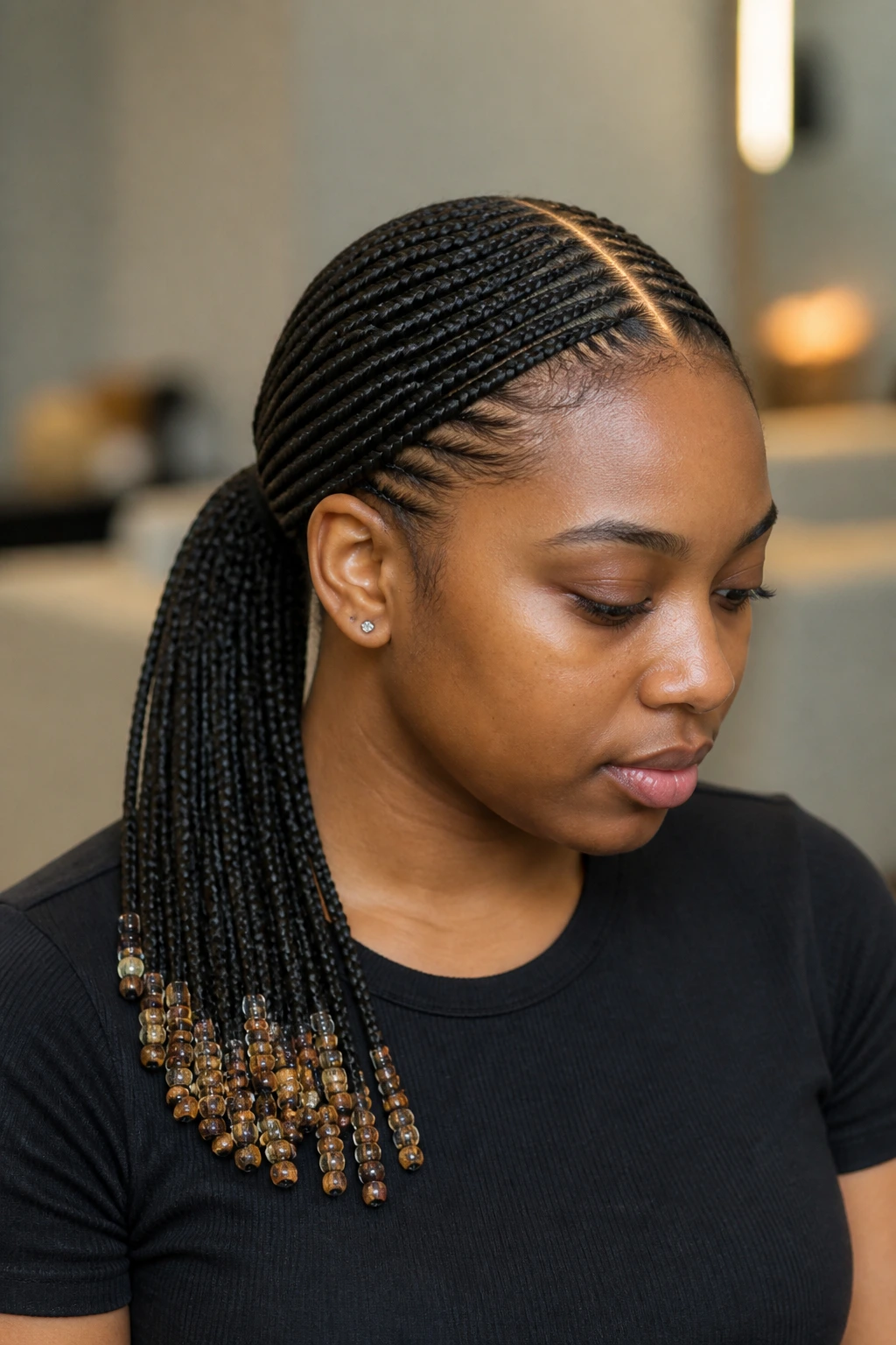 Close-up of a real woman with low ponytail braids and a smooth center part