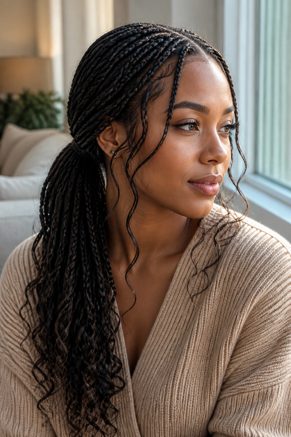 Portrait of a woman with low ponytail braids and soft draped ends