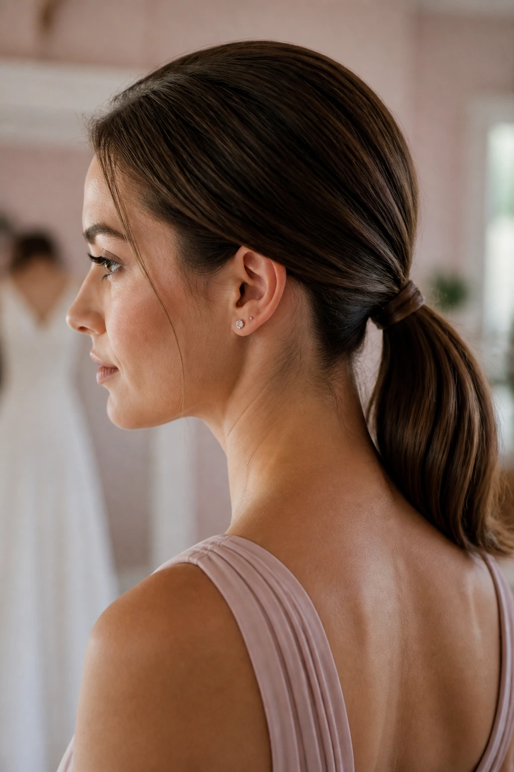 Real woman with a classic low ponytail in a bridal setting.