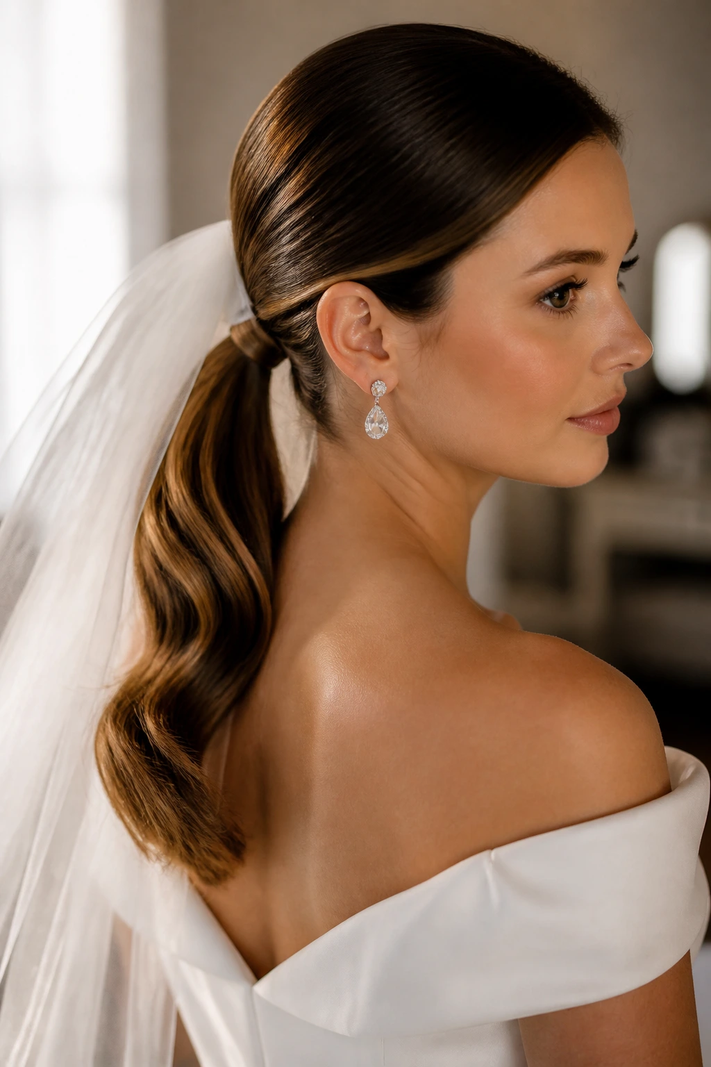 Close-up of bride with sleek low ponytail at the nape