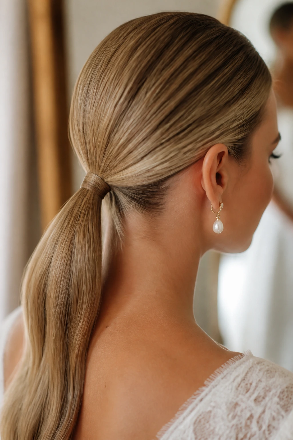 Close-up of a bride's minimalist micro-elastic low ponytail at the nape, smooth and precise