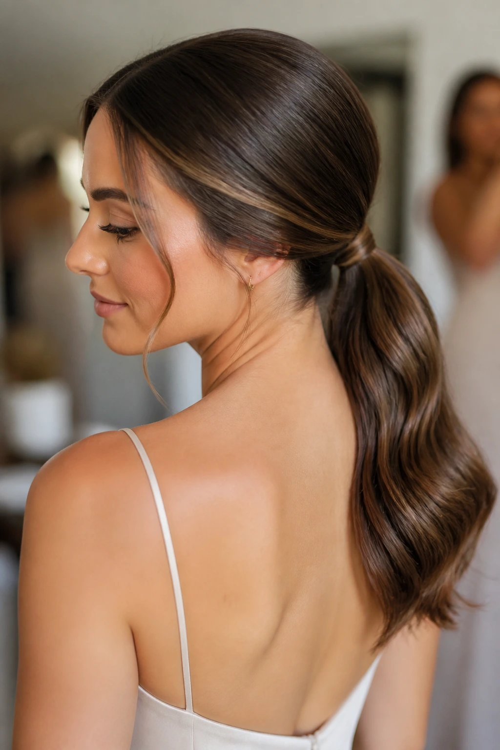 Close-up portrait of a real woman with a sleek low ponytail at the nape, bridal-ready hairstyle