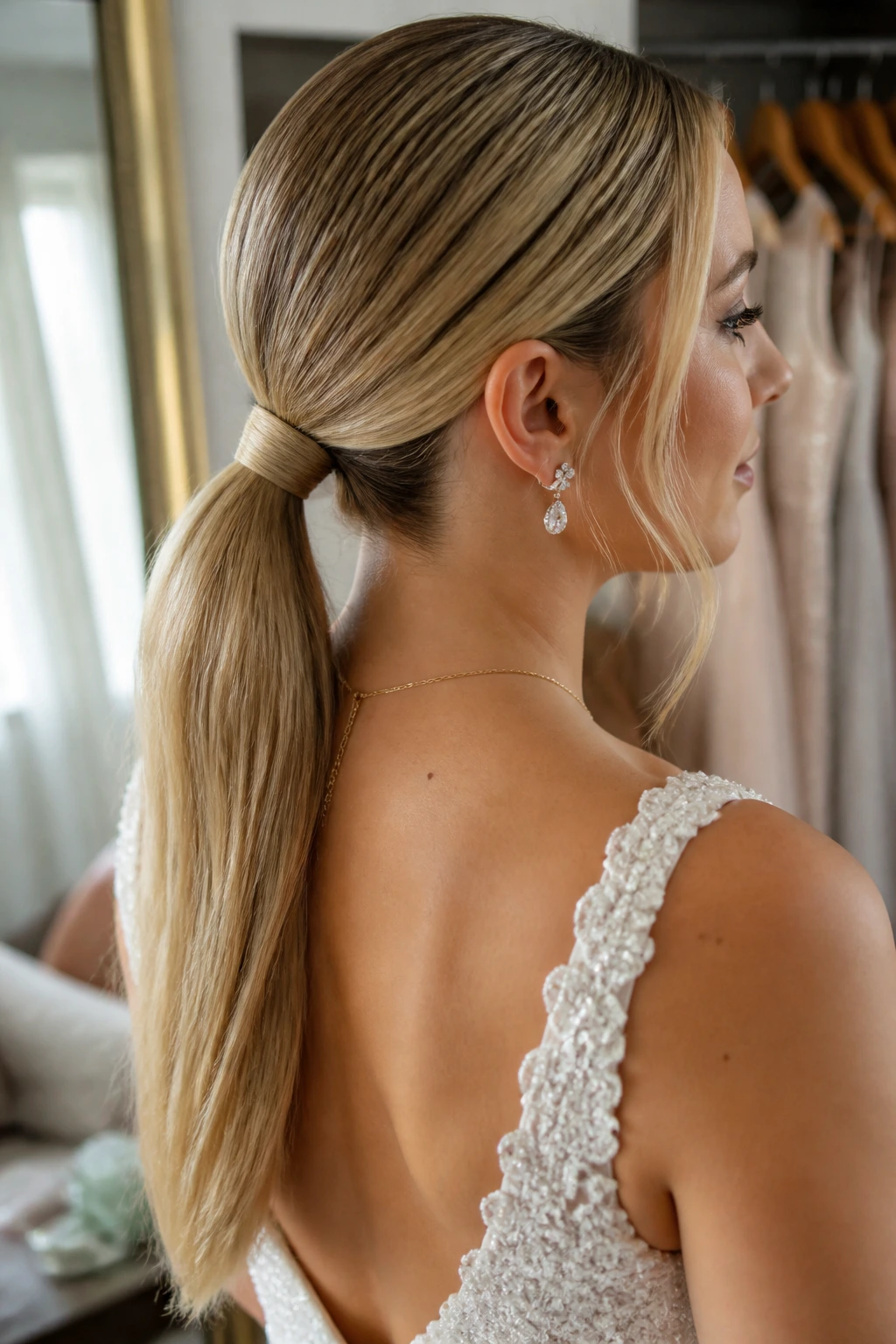Close-up of a bride's centered low ponytail at the nape with wrapped base in a bridal prep setting