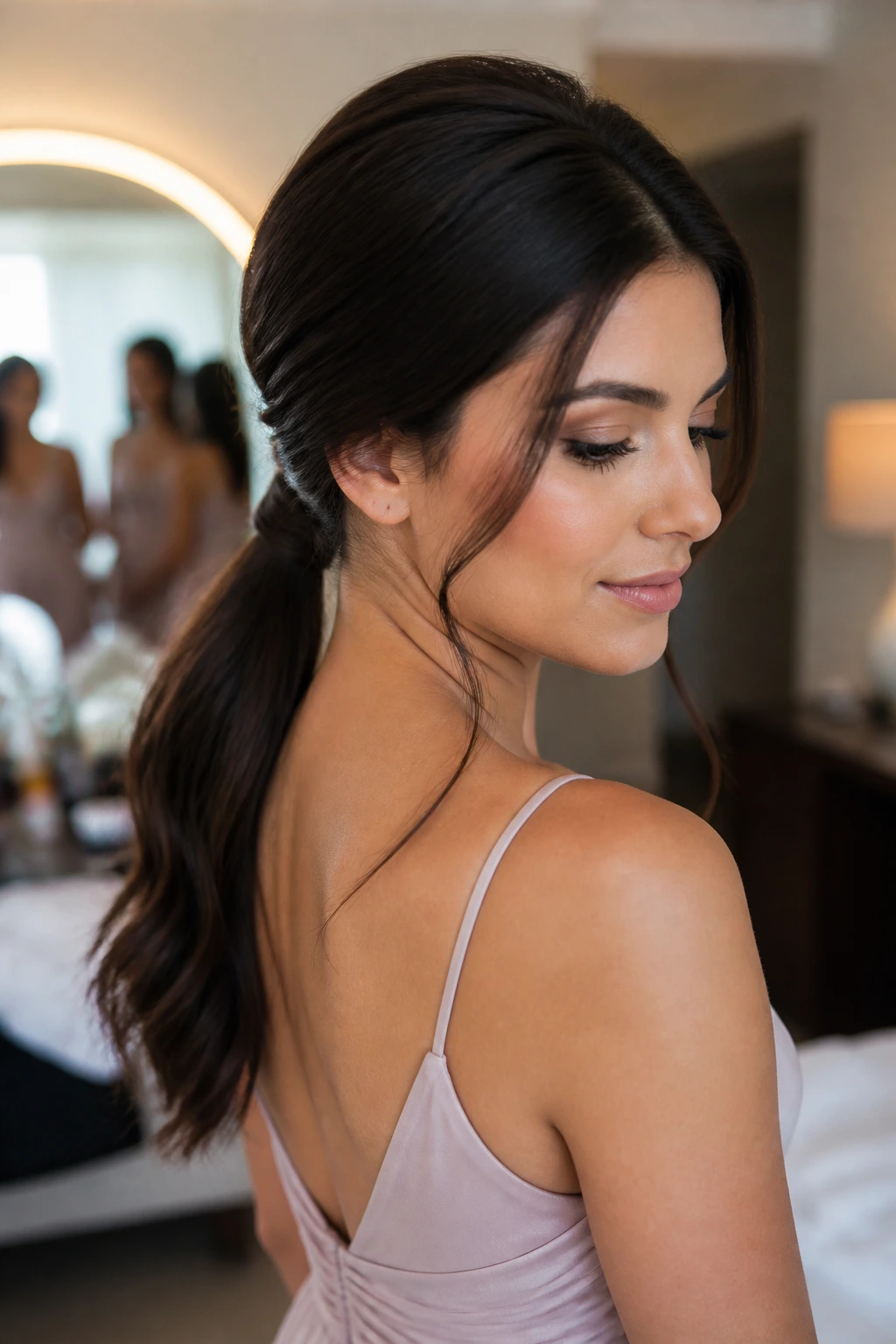 Bridesmaid with a neat low ponytail in a bridal-suite setting