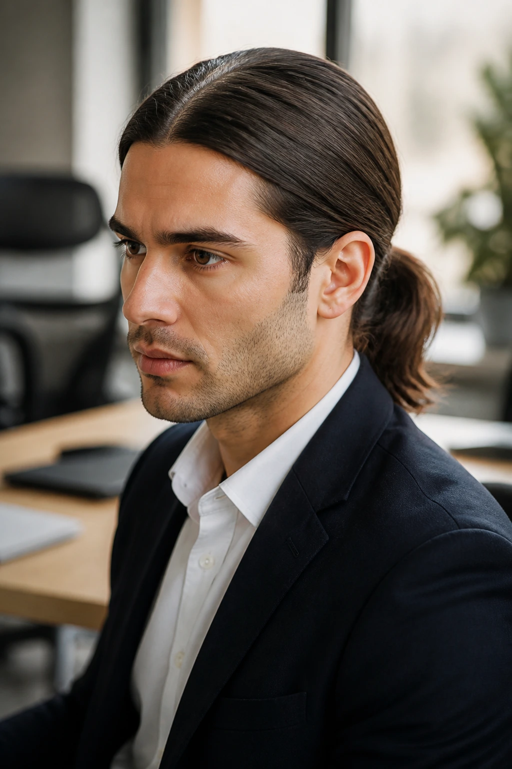 Real man with classic low ponytail and center part