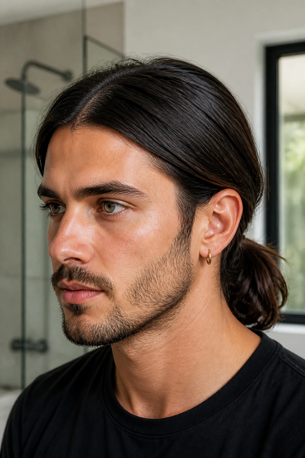 Close-up of a man with a low ponytail and center part