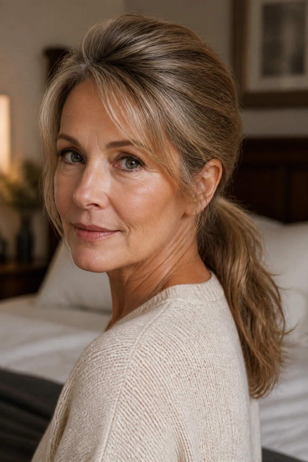 Close-up of a real woman with a low ponytail and crown volume