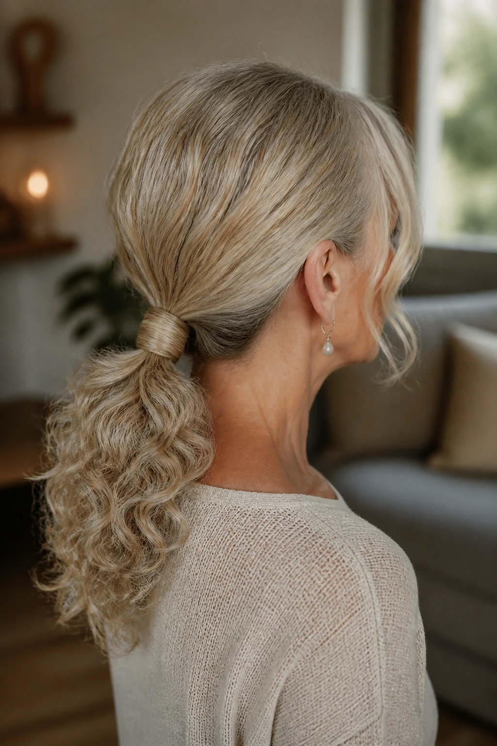 Real woman with a low wrapped ponytail and curly ends seen from the side