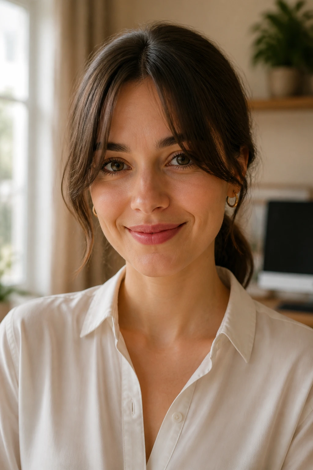 Close-up of a real woman with curtain bangs and a low ponytail in a home workspace