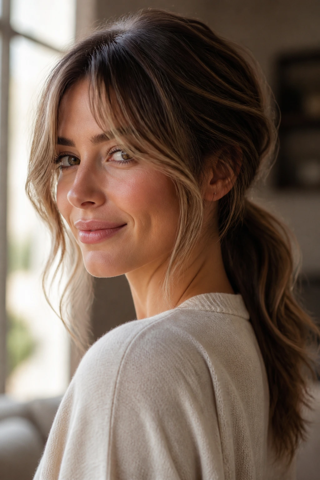 Portrait of a real woman with a low ponytail and curtain bangs in warm light