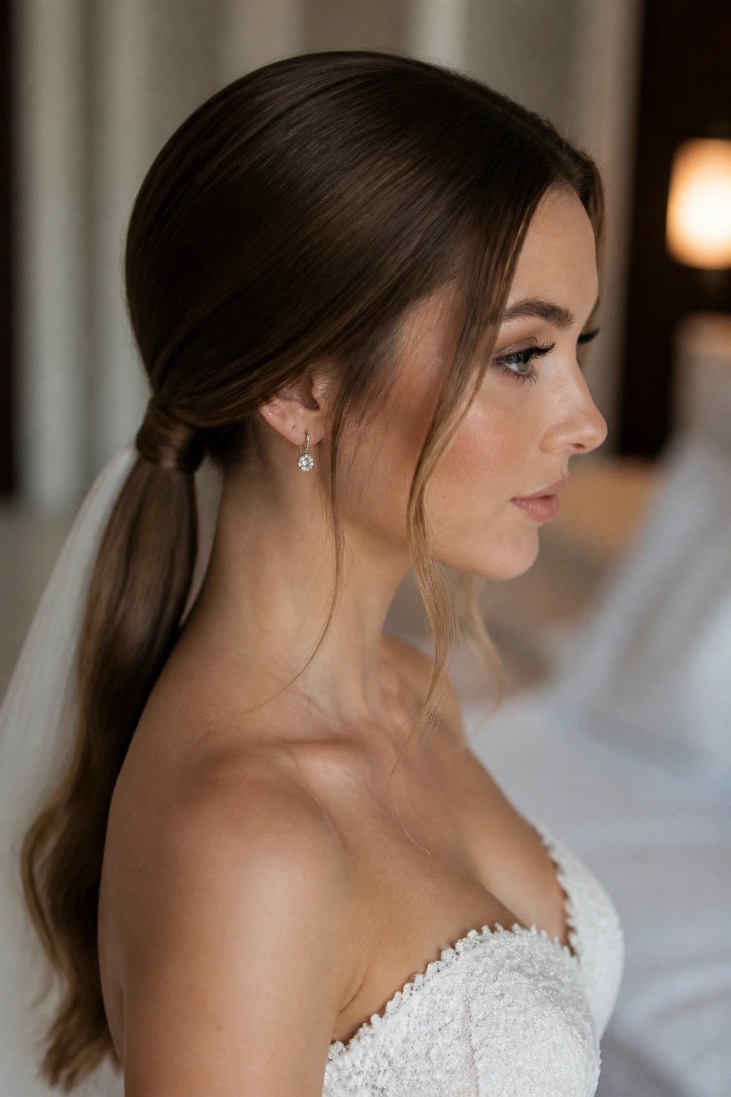 Close-up of a real bride with a low ponytail and face-framing pieces.