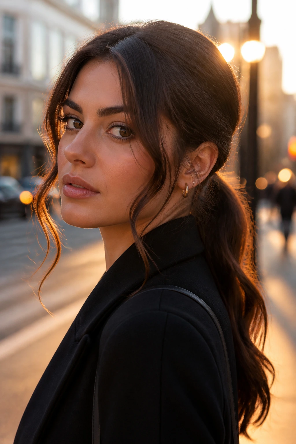 Close-up of a woman with a low ponytail and face-framing S-curves.