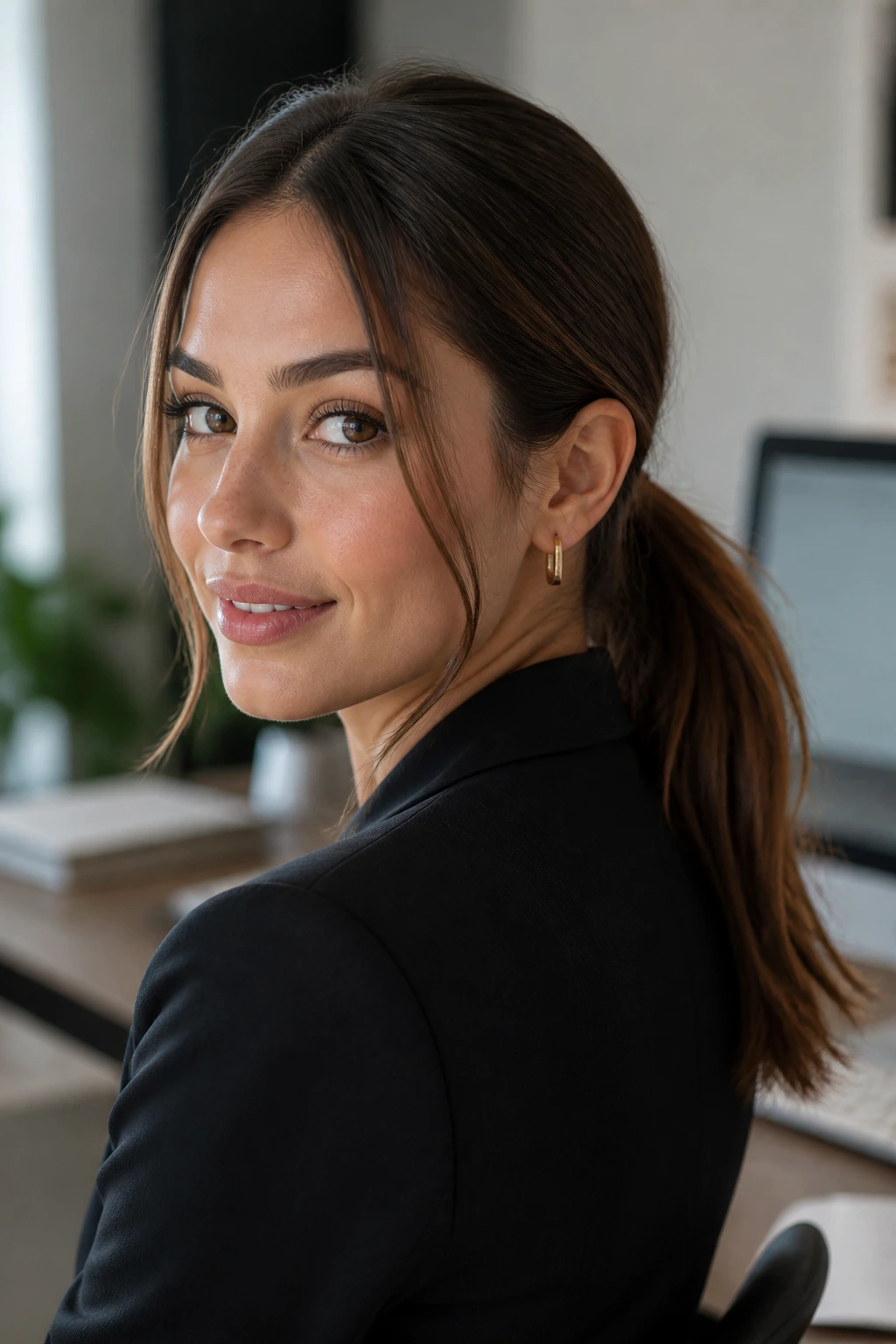 Close-up of a real woman with a low ponytail and delicate face-framing pieces in a bright office setting