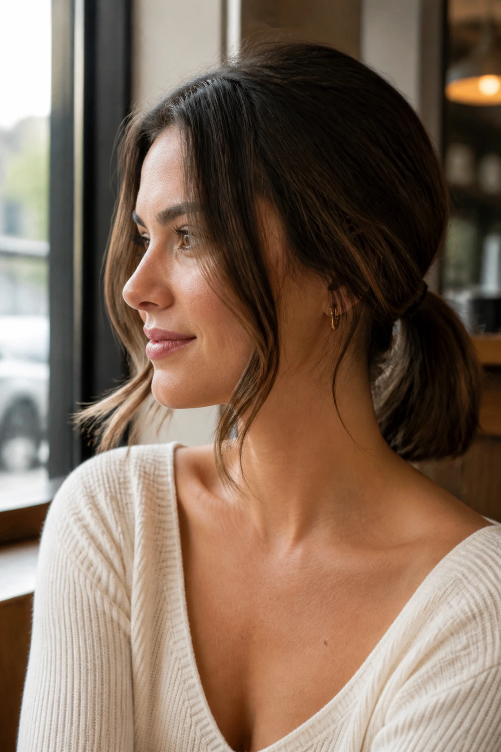 Close-up of a woman with a low ponytail and face-framing pieces on shoulder-length hair
