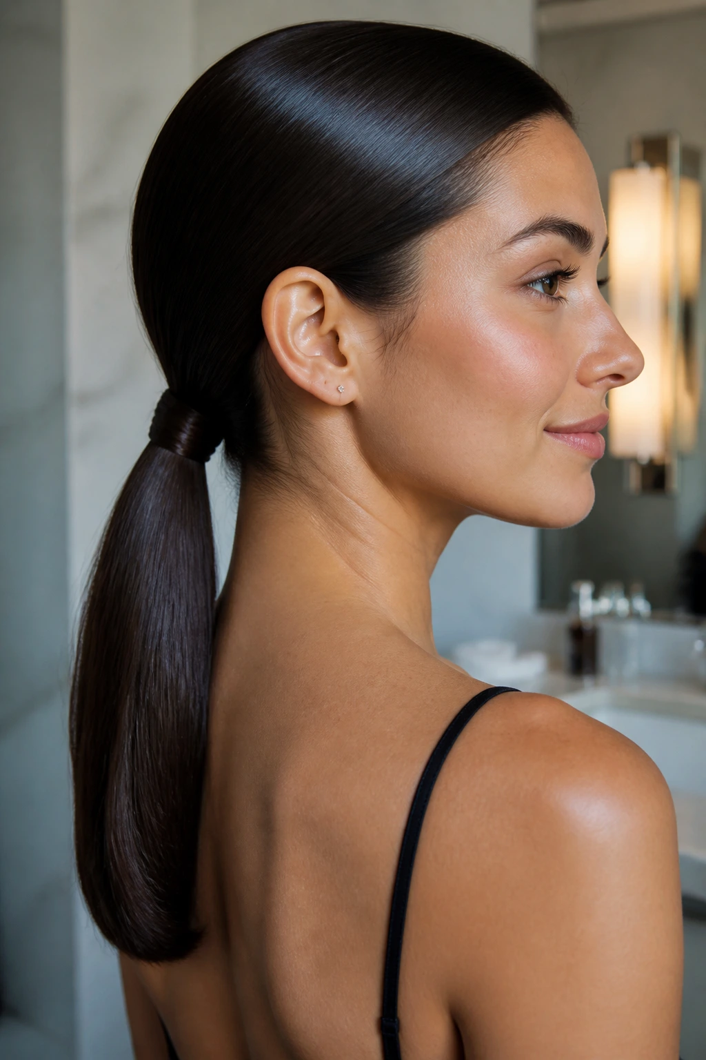Close-up of a woman with a glossy low ponytail at the nape of her neck