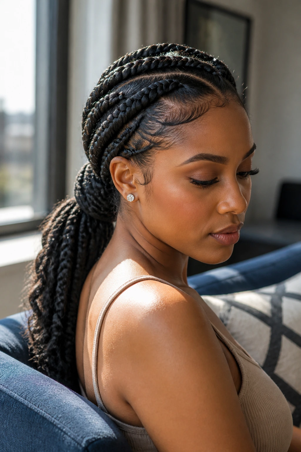 Close-up of a real woman with a low ponytail goddess braid hairstyle