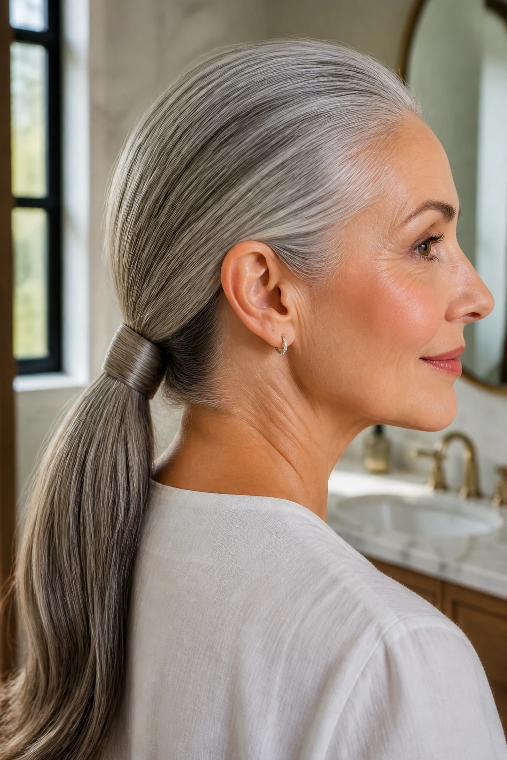 Close-up of a real woman with a sleek low ponytail at the nape