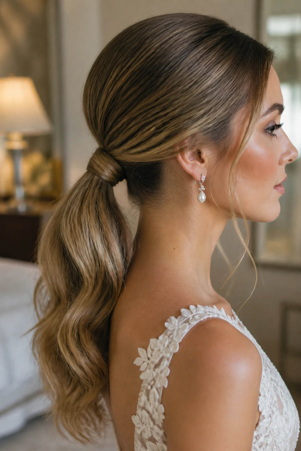 Profile of a bride's low ponytail held firmly at the nape