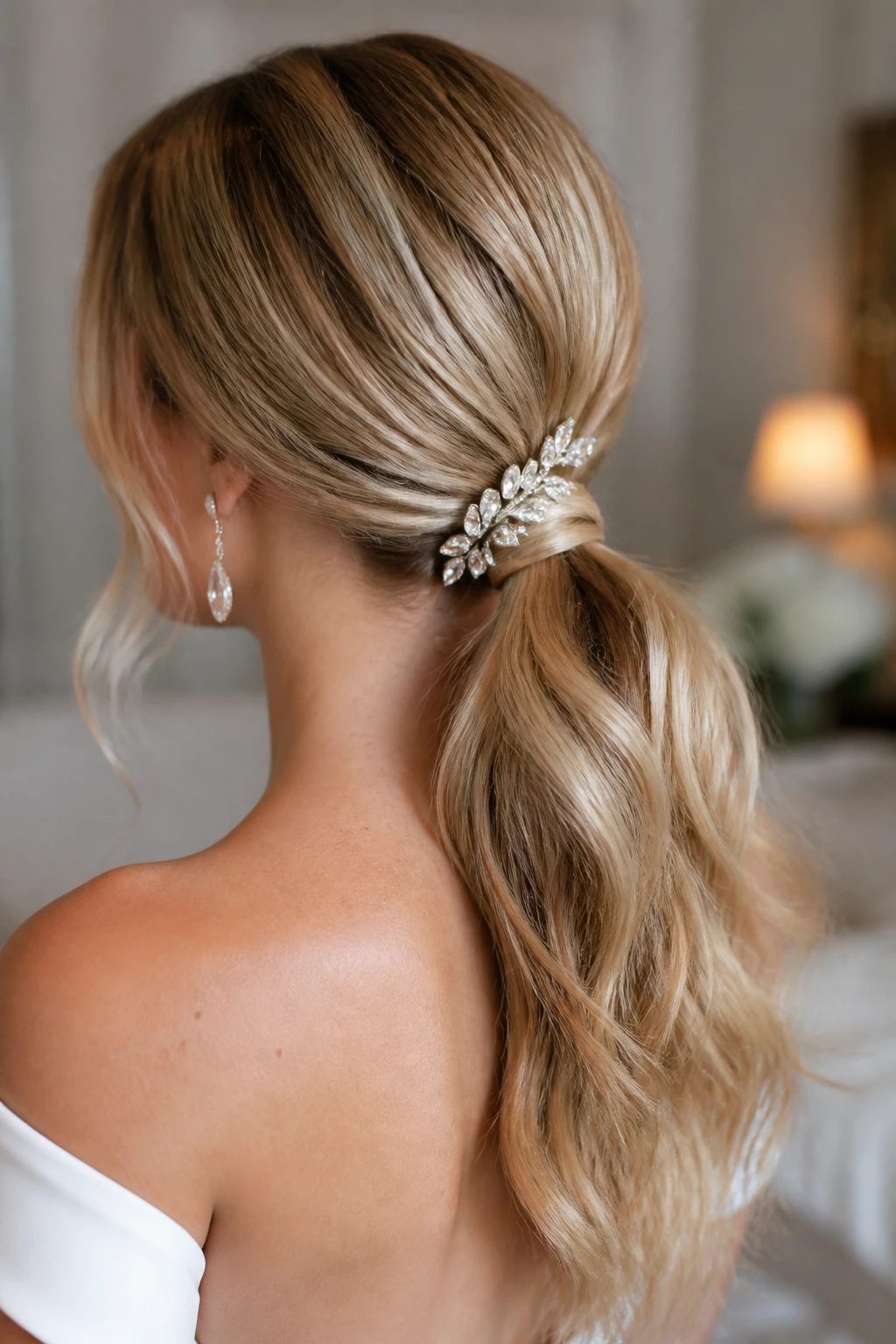 Close-up of low ponytail with jeweled comb on a real bride