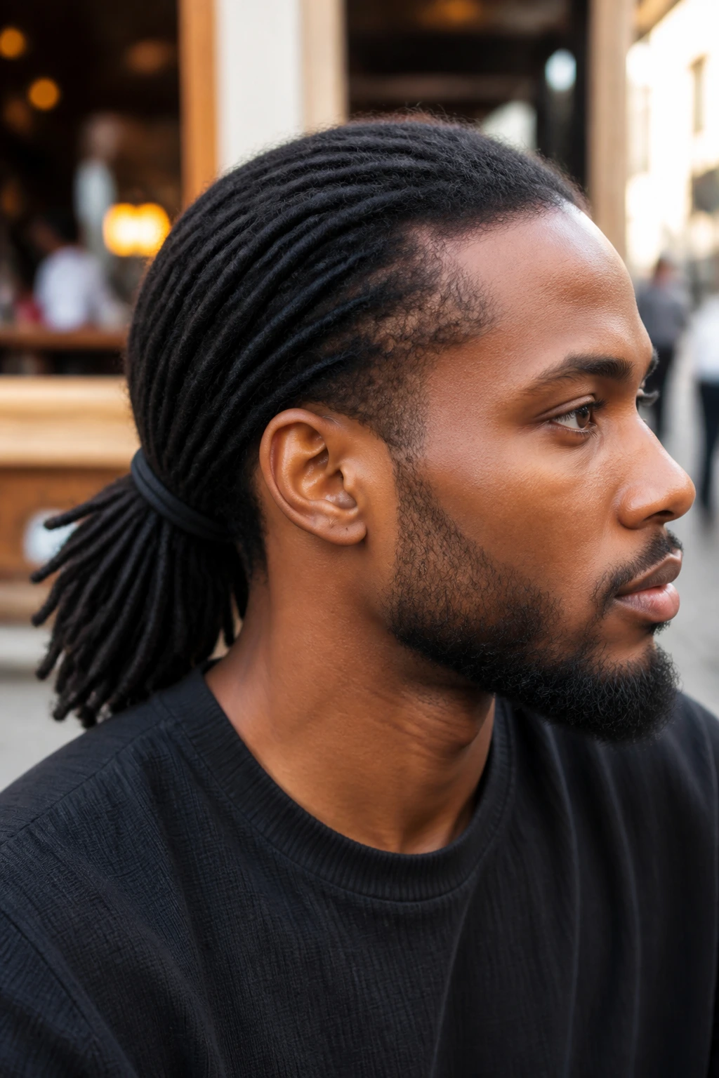 Close-up of a man with low ponytail locs at the nape in soft daylight