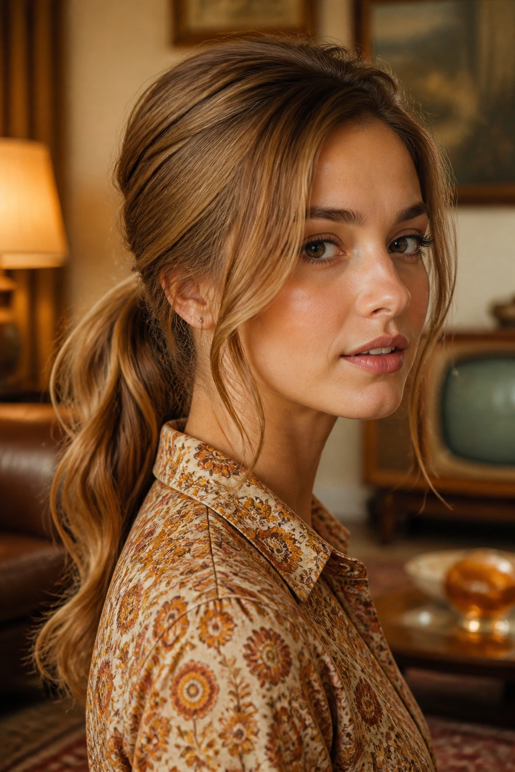 Close-up of a real woman with a low ponytail and loose front pieces, 1970s vibe.