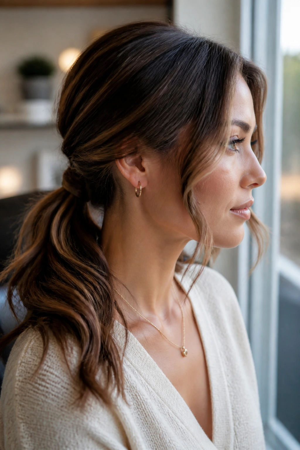 Close-up of a real woman with a low ponytail and wrapped strand, soft waves and lifted crown in warm daylight