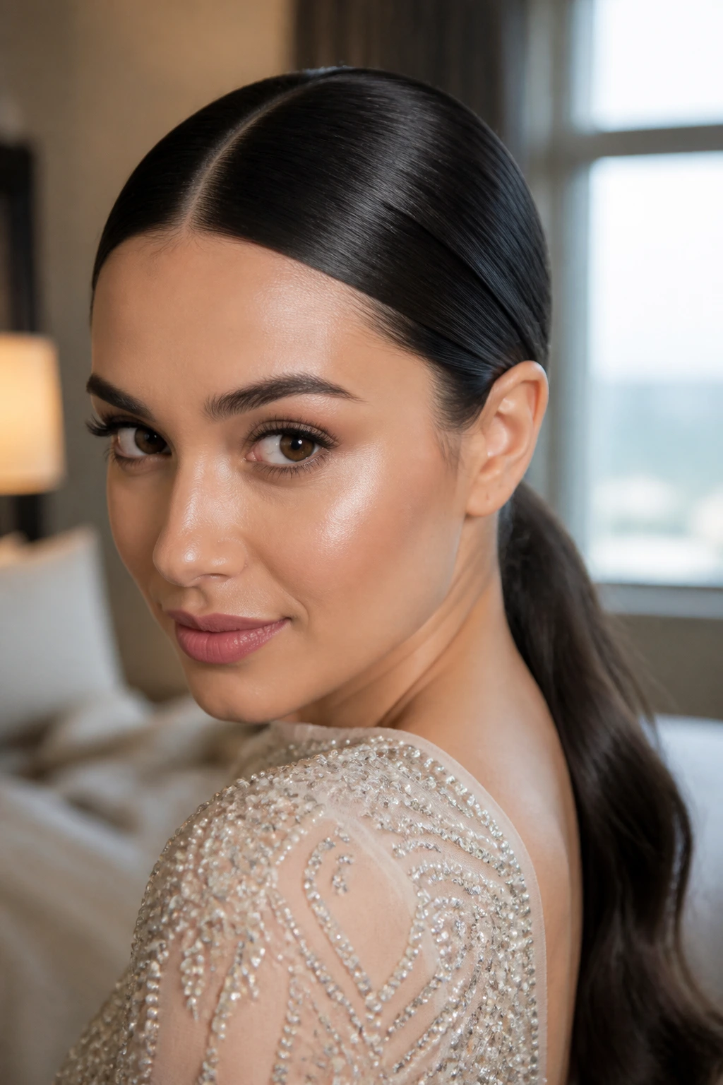 Close-up of a real woman with a polished middle-part low ponytail