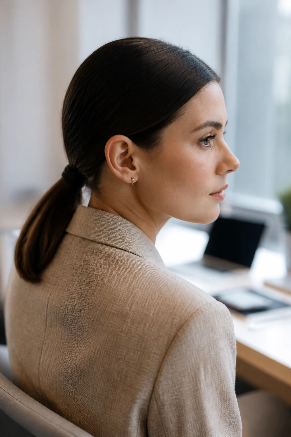 Real person with neat low ponytail in a bright office setting.