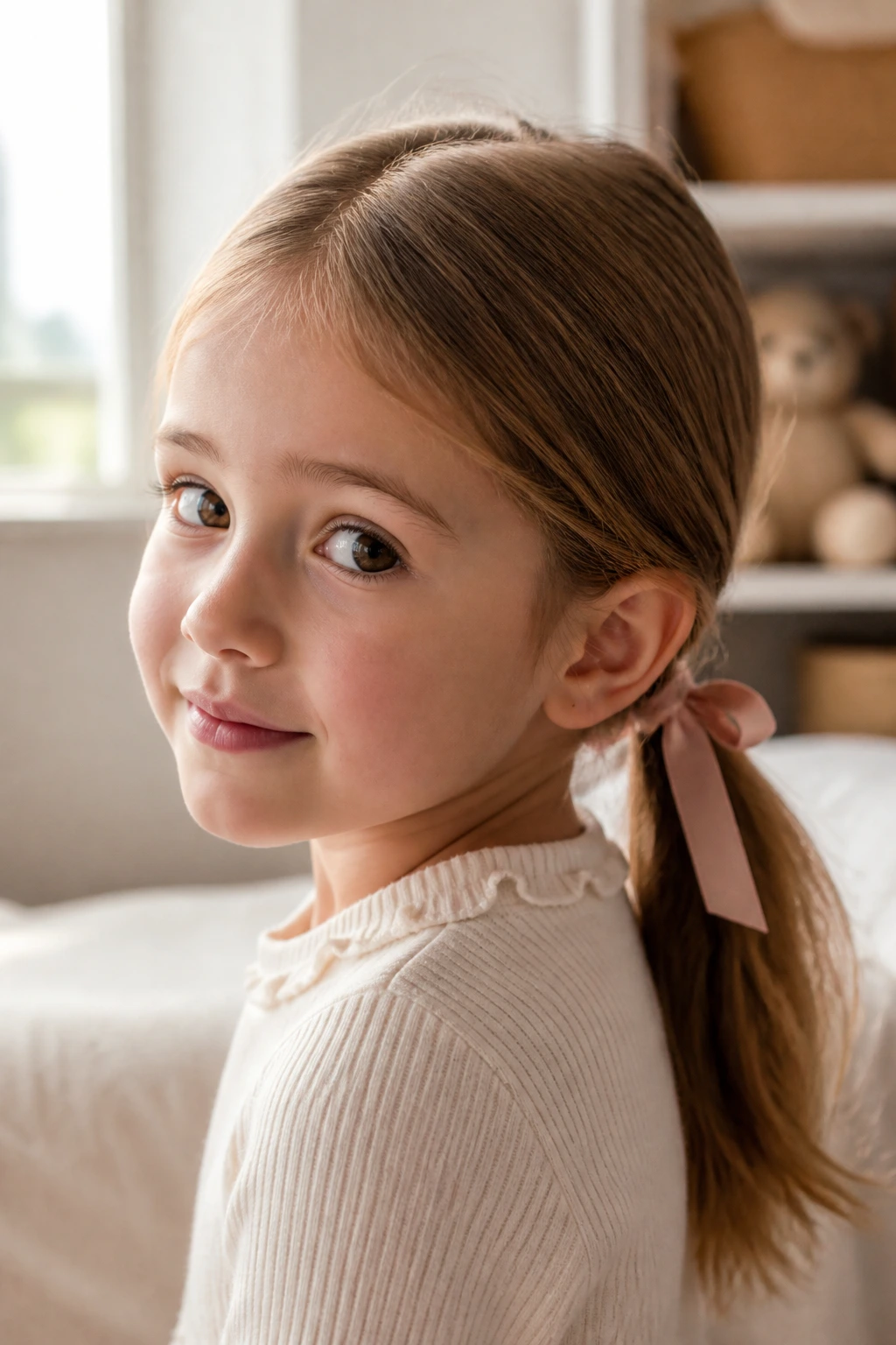 Close-up of a girl with a low ponytail and ribbon