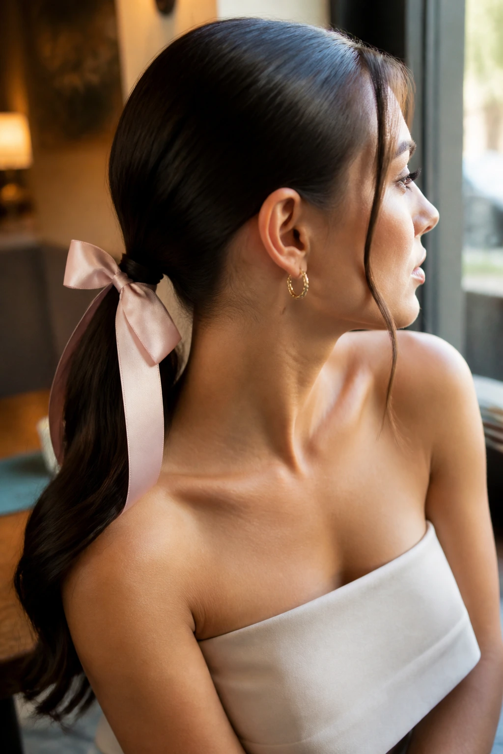 Close-up of a real woman with a low ponytail and ribbon bow hairstyle
