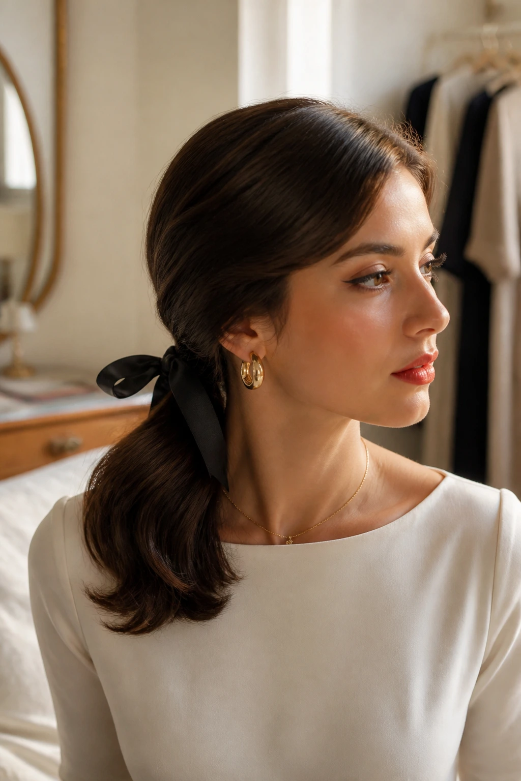 Woman with low ribbon-wrapped ponytail and coordinated outfit