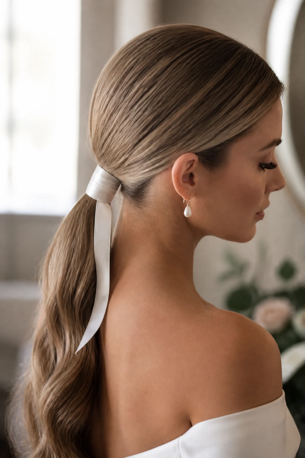 Close-up of a real bride with a sleek lean low ponytail wrapped in a ribbon