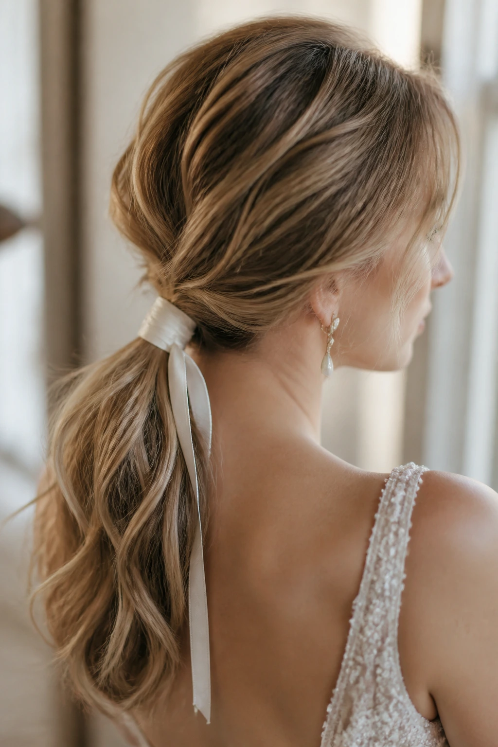 Bride with textured low ponytail and ribbon
