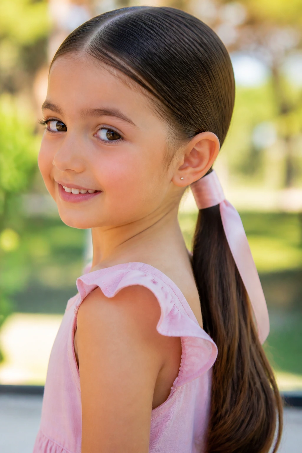 Close-up of a girl with a ribbon-wrapped slick low ponytail in daylight