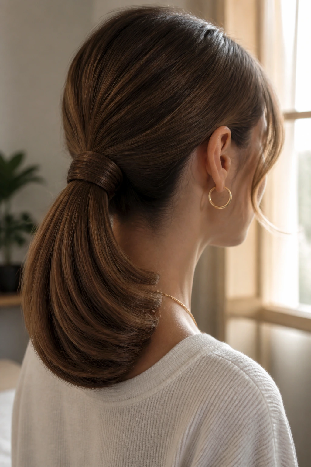 Close-up of a real woman with a low ponytail featuring rolled ends