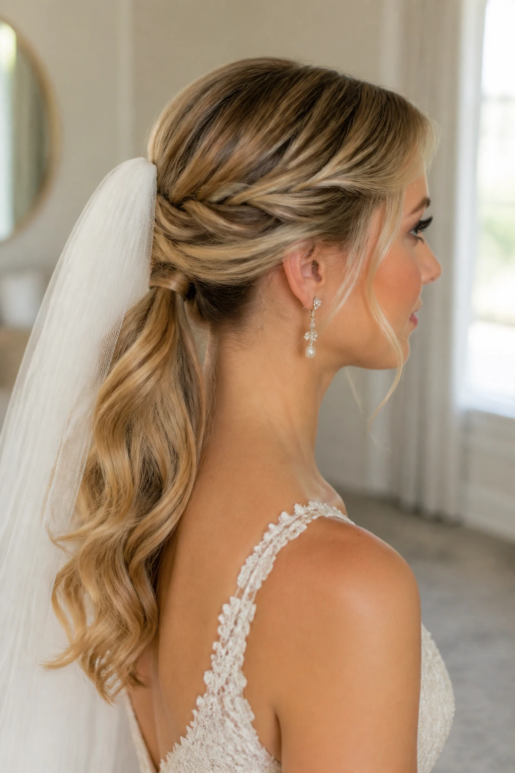 Close-up of a real bride's head showing a low ponytail with rope twists at the sides
