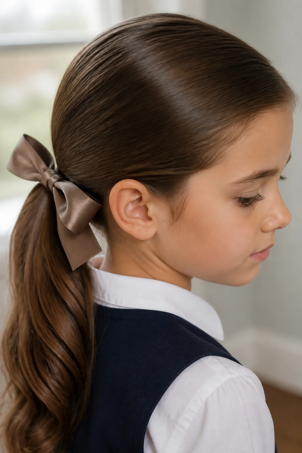 Girl with sleek low ponytail and satin bow in brunette hair