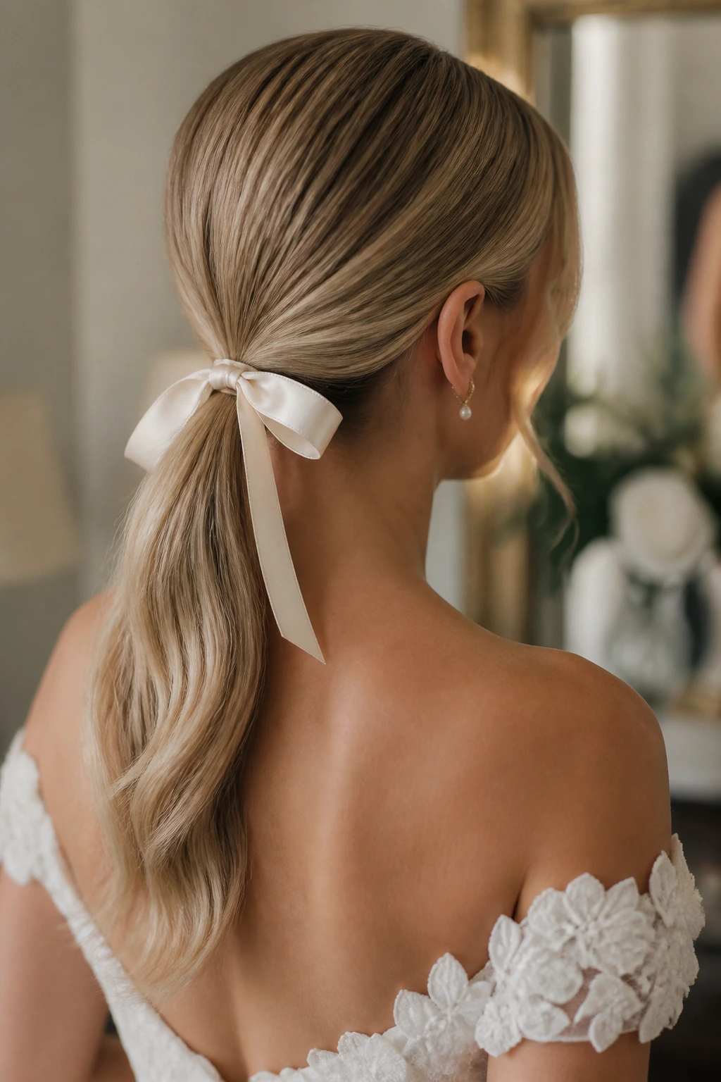 Back view of real bride with low ponytail and satin ribbon