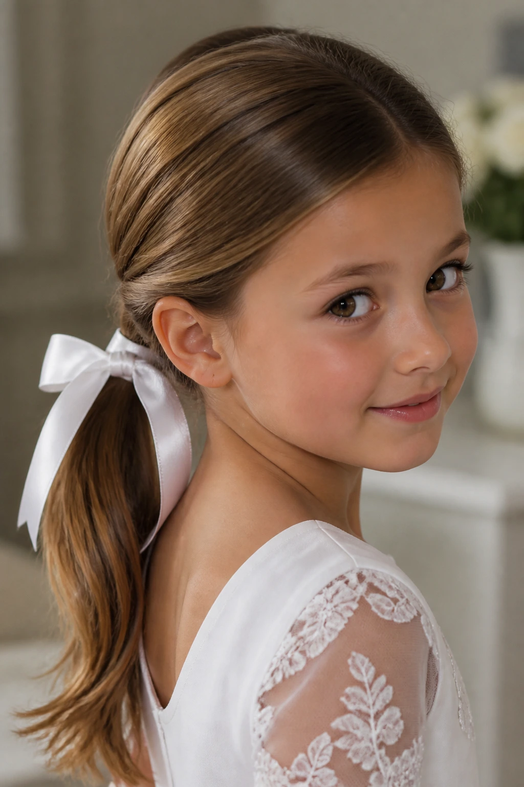 Close-up of a child with satin ribbon low ponytail