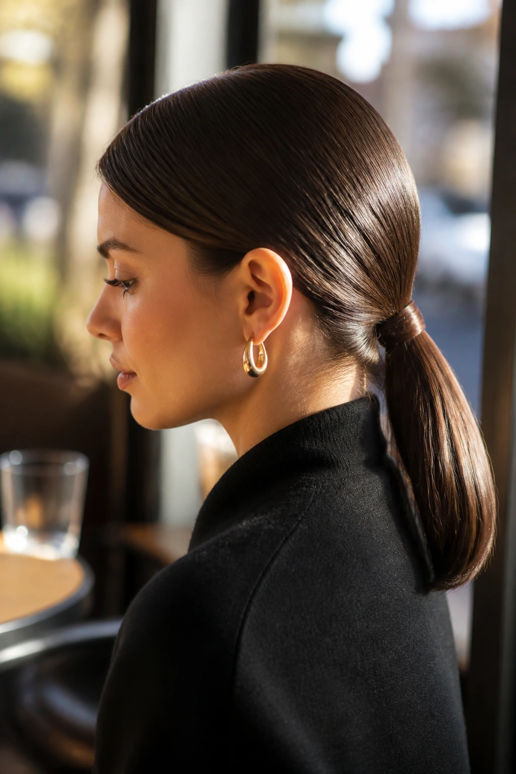Real woman with a sleek low ponytail on shoulder-length hair