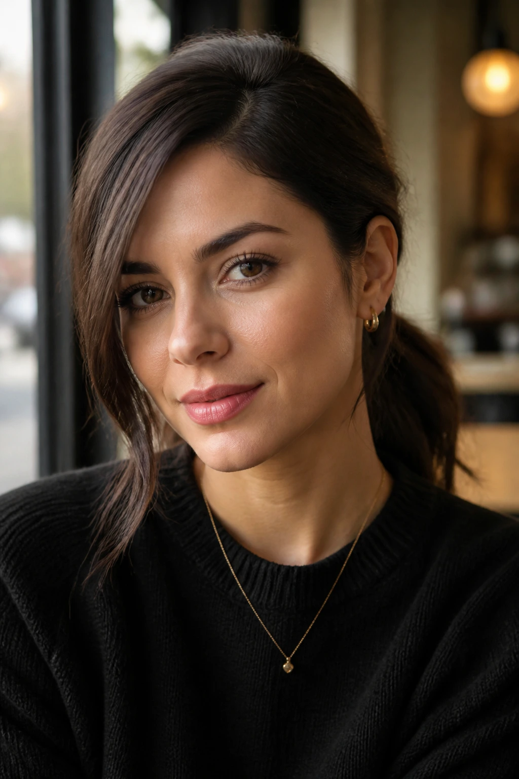 Close-up of a real woman's deep side part and low ponytail