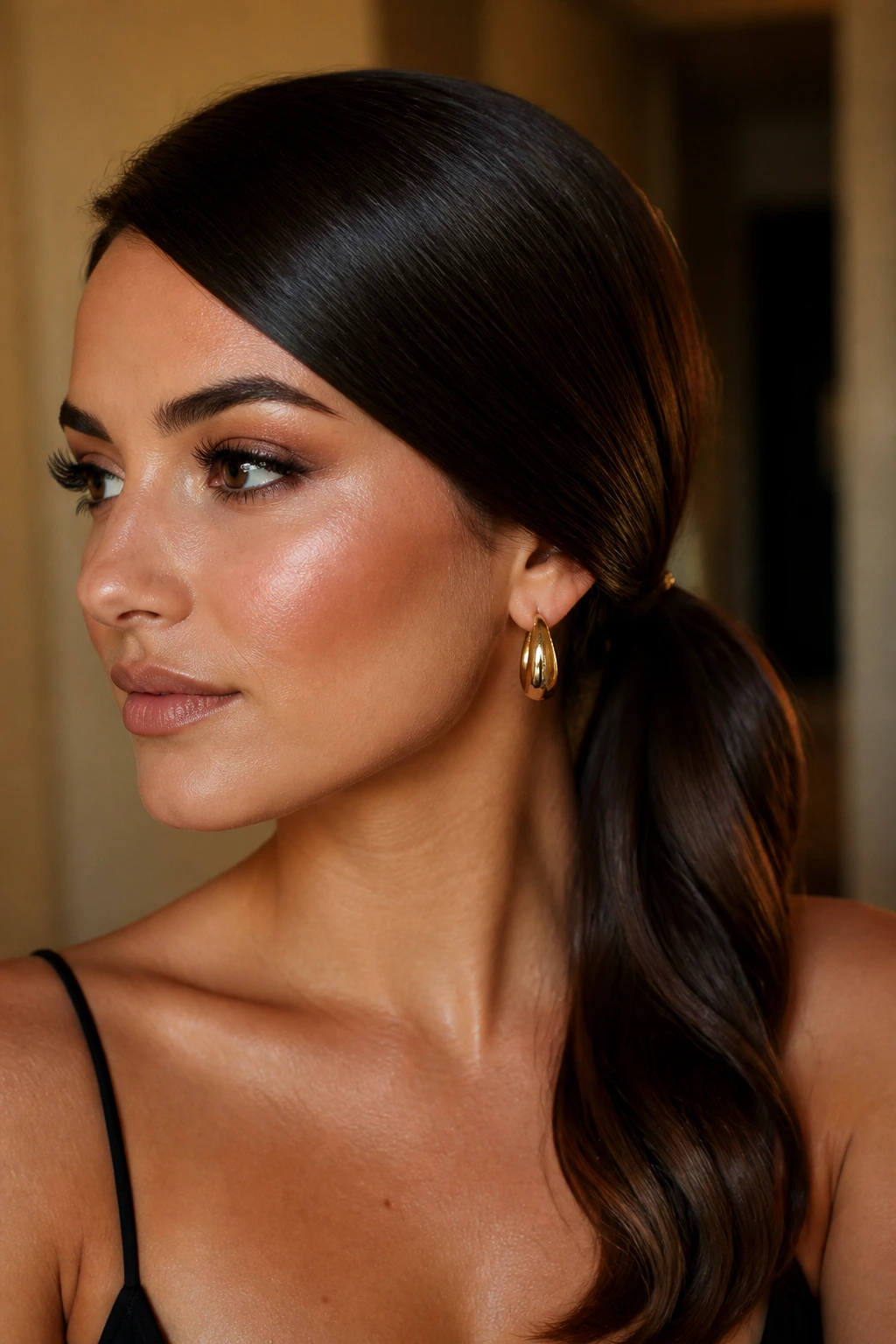 Close-up of a side-swept nape ponytail on a real woman