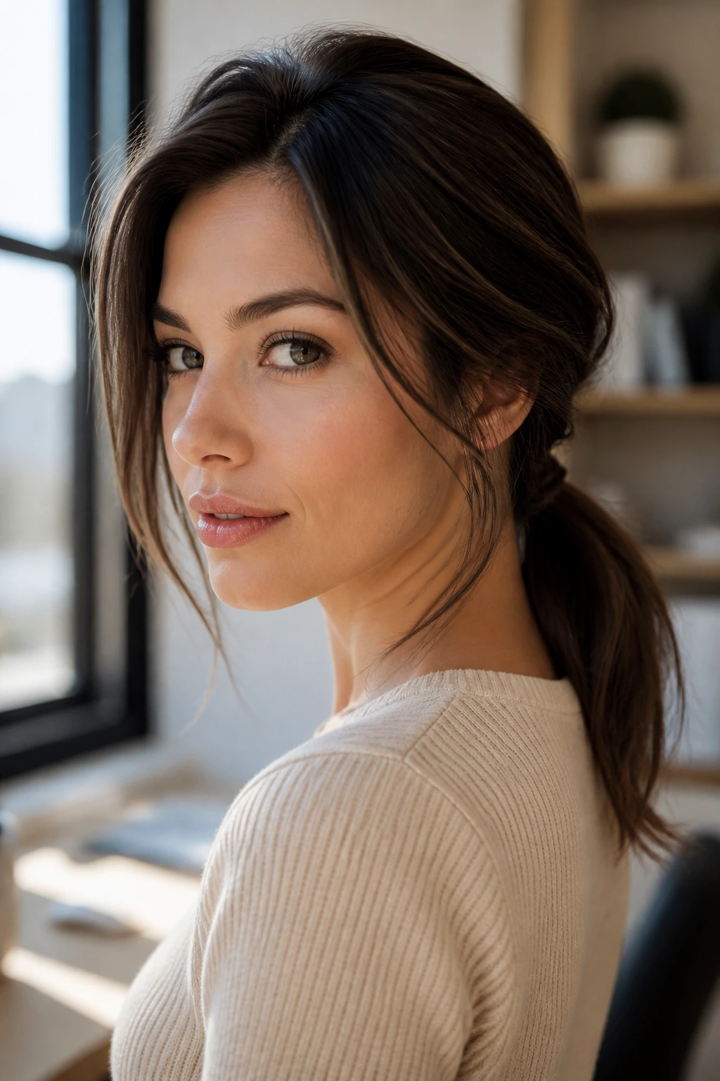 Portrait of a woman with a low ponytail at the nape and side volume in natural window light