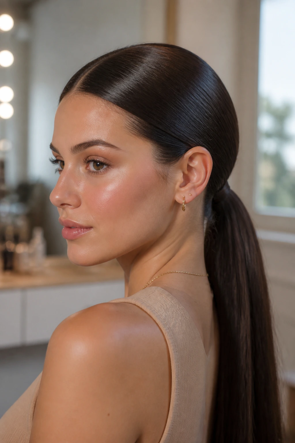 Portrait of a woman with a sleek low ponytail at nape and smooth crown